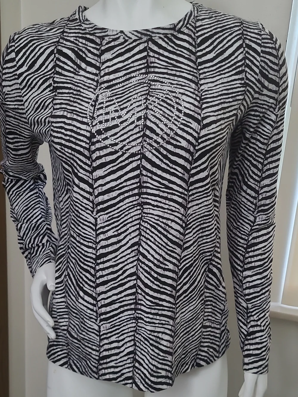 Women’s Black & White Zebra Print Long Sleeve Top with Heart Accent